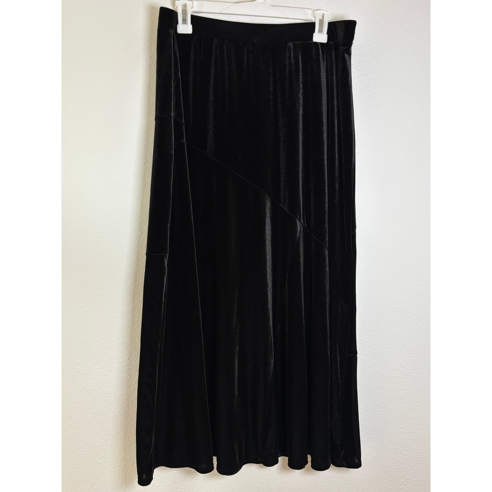 Choices Black Velvet Maxi Skirt Large Long Tiered Paneled Stretch JUTK0163